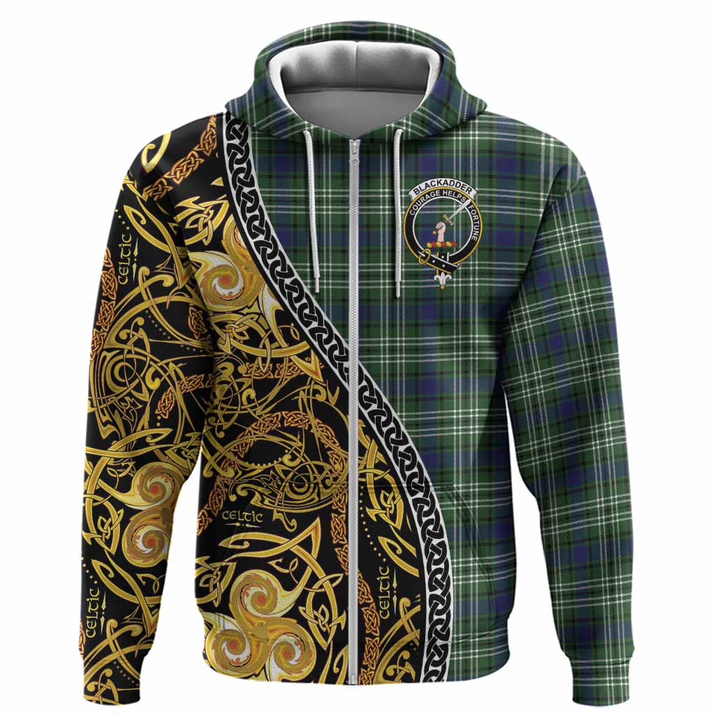 Blackadder Tartan Crest Hoodie Celtic Knot and Triple Trickle Spiral Symbols
