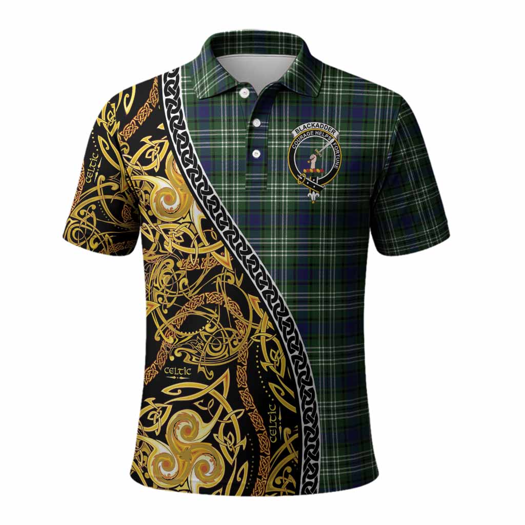 Blackadder Tartan Crest Polo Shirt Celtic Knot and Triple Trickle Spiral Symbols