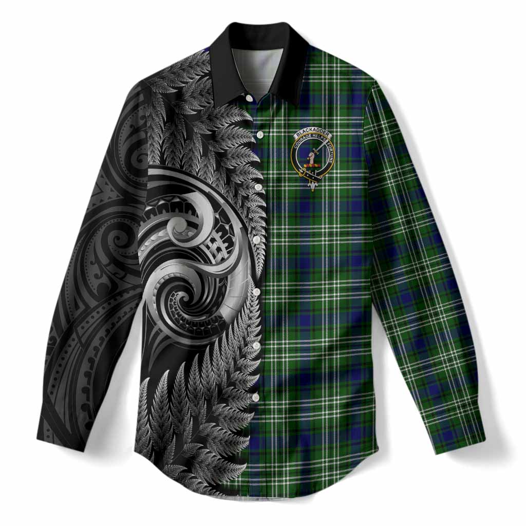 Blackadder Tartan Crest Women Casual Shirt With New Zealand Silver Fern Maori Koru