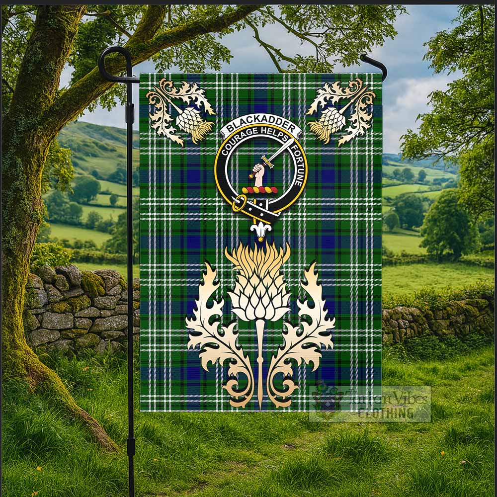 Blackadder Tartan Garden Flag with Golden Regal Scottish Thistle Emblem