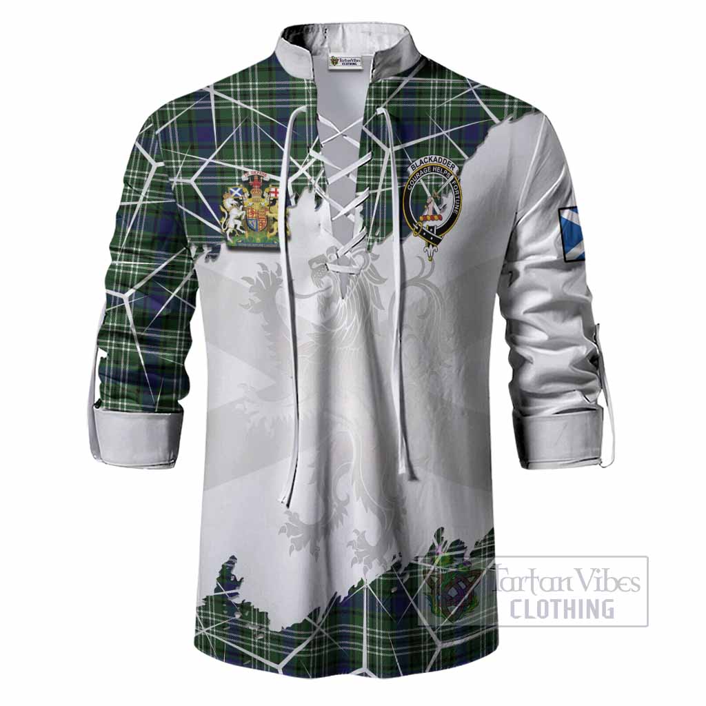 Blackadder Tartan Ghillie Shirt with Family Crest and Lion Rampant Grunge Style