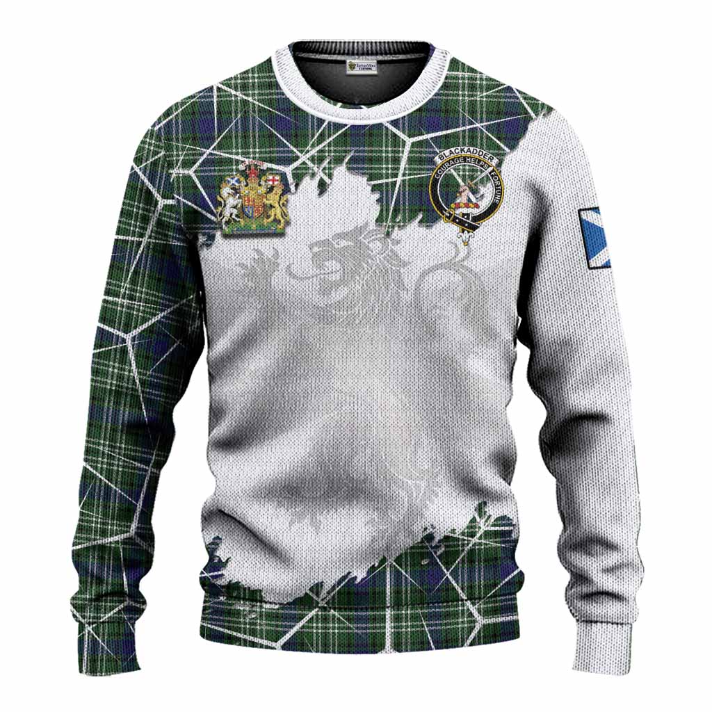 Blackadder Tartan Knitted Sweater with Family Crest and Lion Rampant Grunge Style