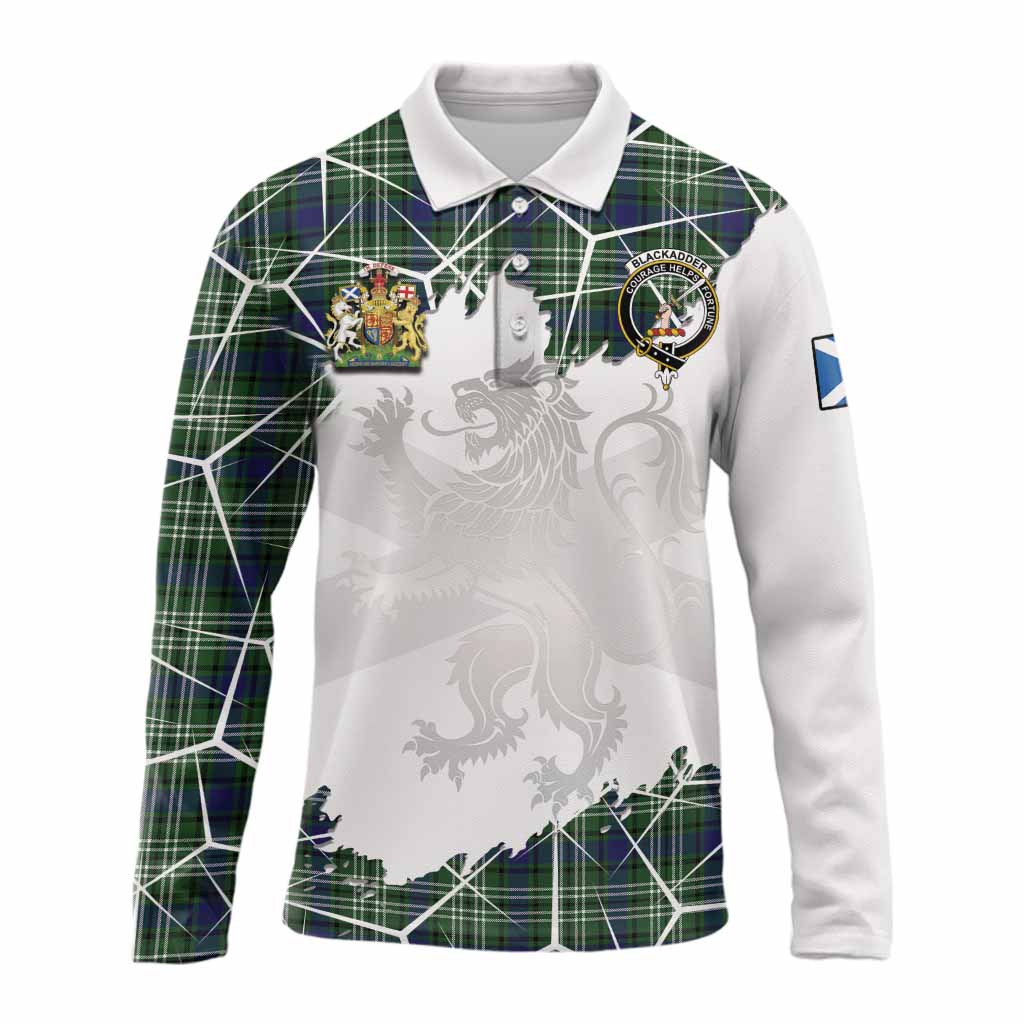 Blackadder Tartan Long Sleeve Polo Shirt with Family Crest and Lion Rampant Grunge Style