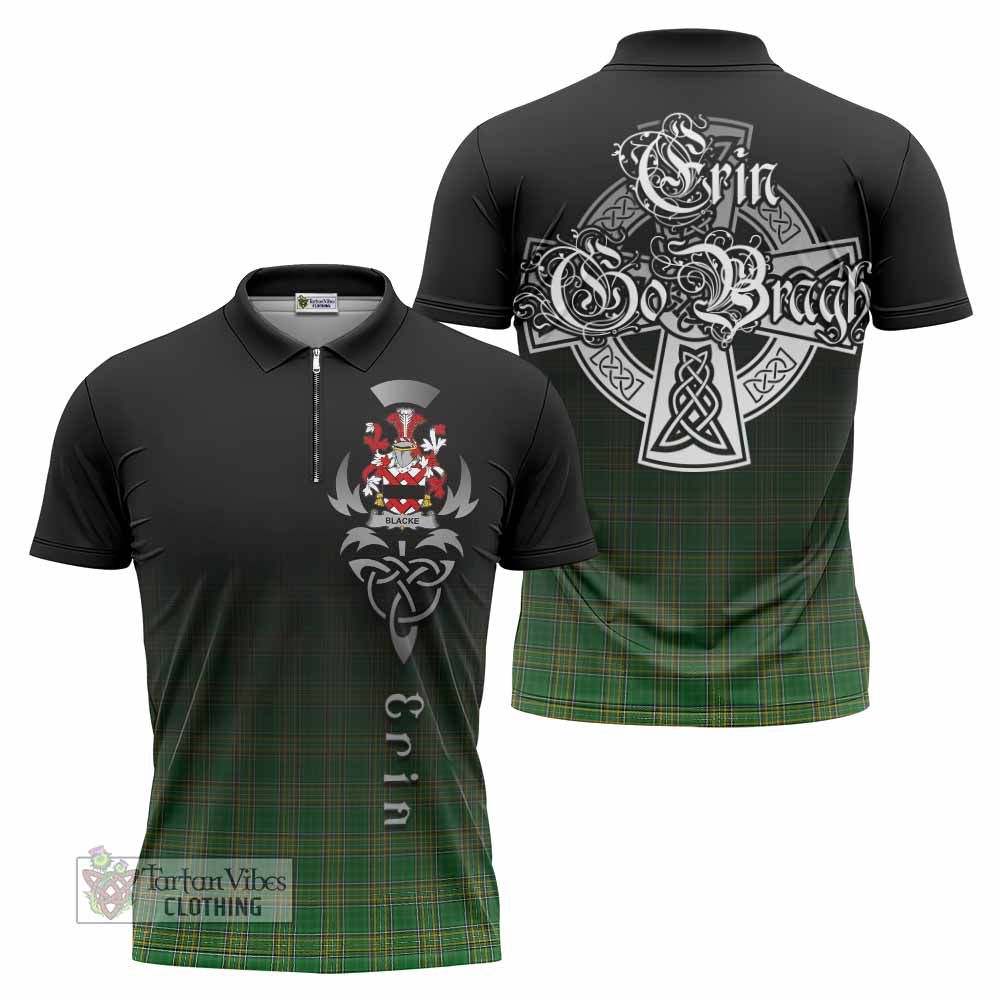 Tartan Vibes Clothing Blacke Irish Clan Zipper Polo Shirt with Coat of Arms Erin Go Bragh Celtic Inspired