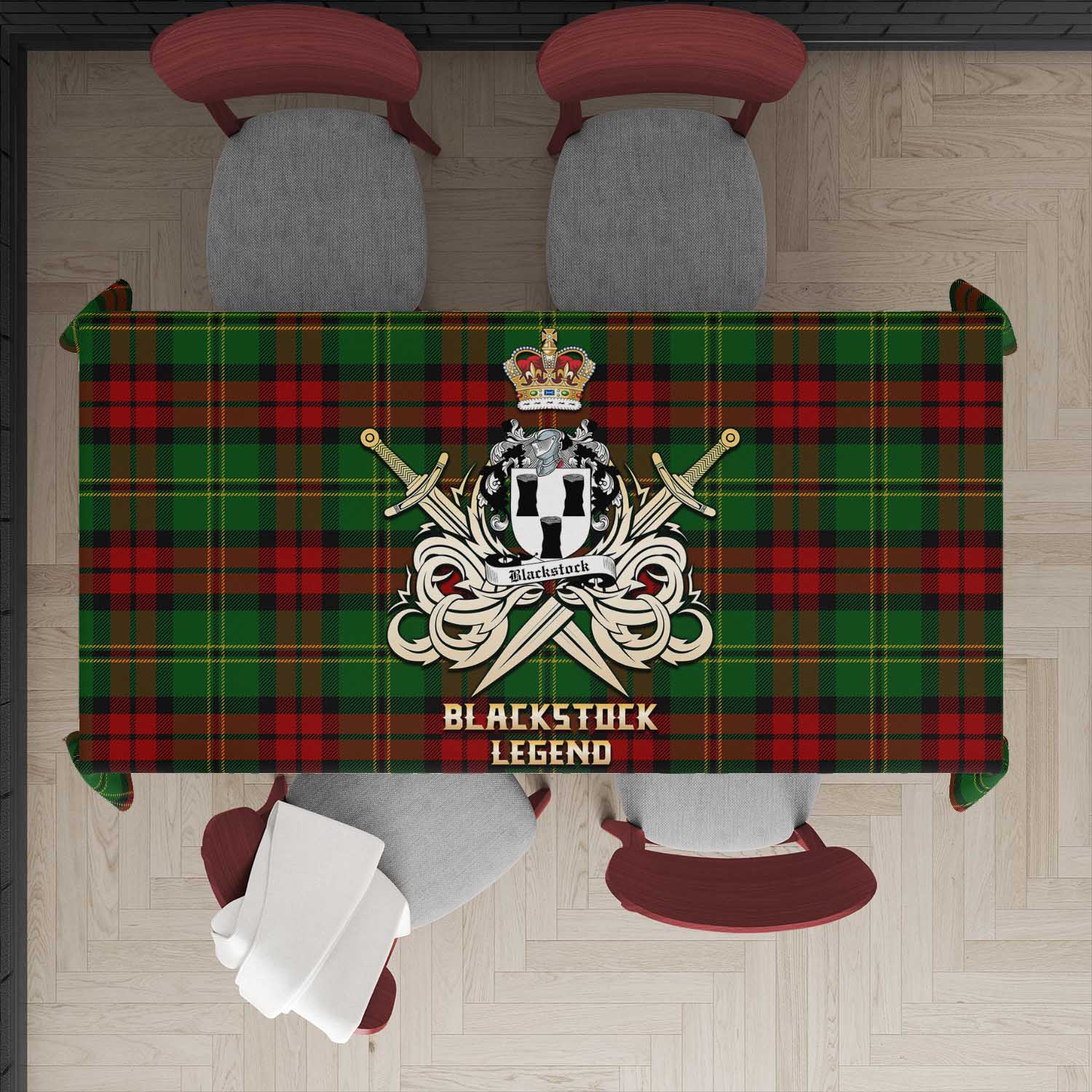 Tartan Vibes Clothing Blackstock Hunting Tartan Tablecloth with Clan Crest and the Golden Sword of Courageous Legacy