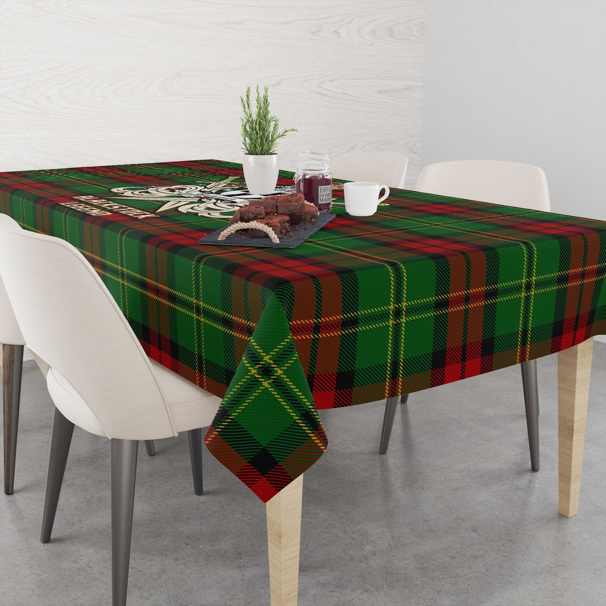Tartan Vibes Clothing Blackstock Hunting Tartan Tablecloth with Clan Crest and the Golden Sword of Courageous Legacy