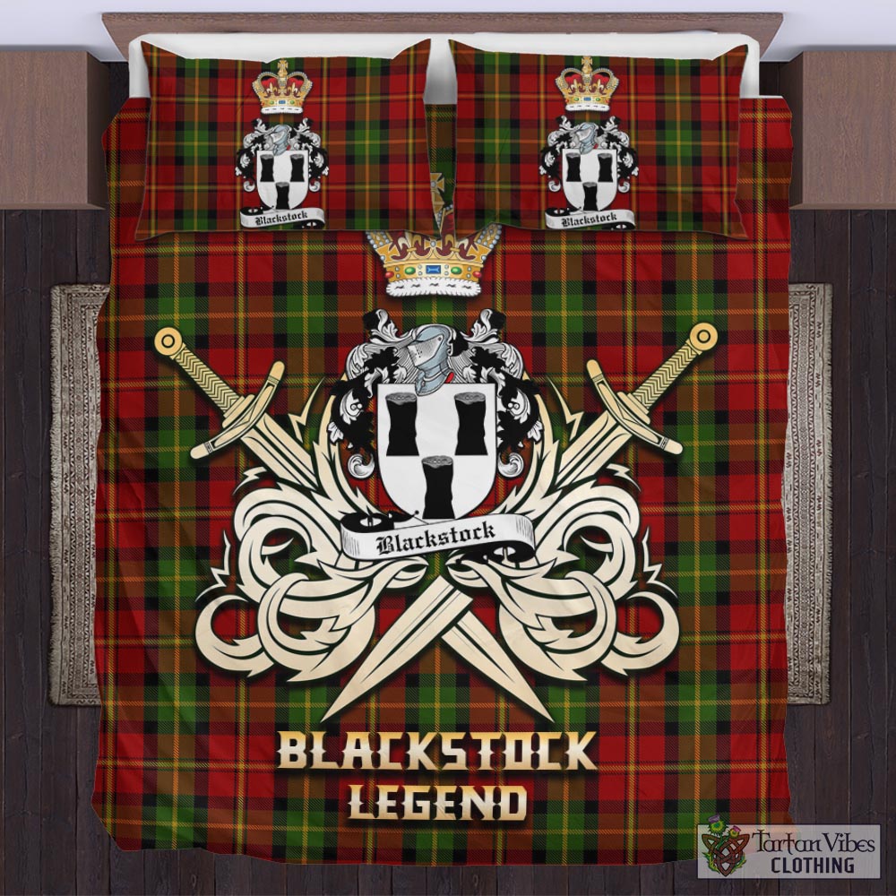 Tartan Vibes Clothing Blackstock Red Dress Tartan Bedding Set with Clan Crest and the Golden Sword of Courageous Legacy