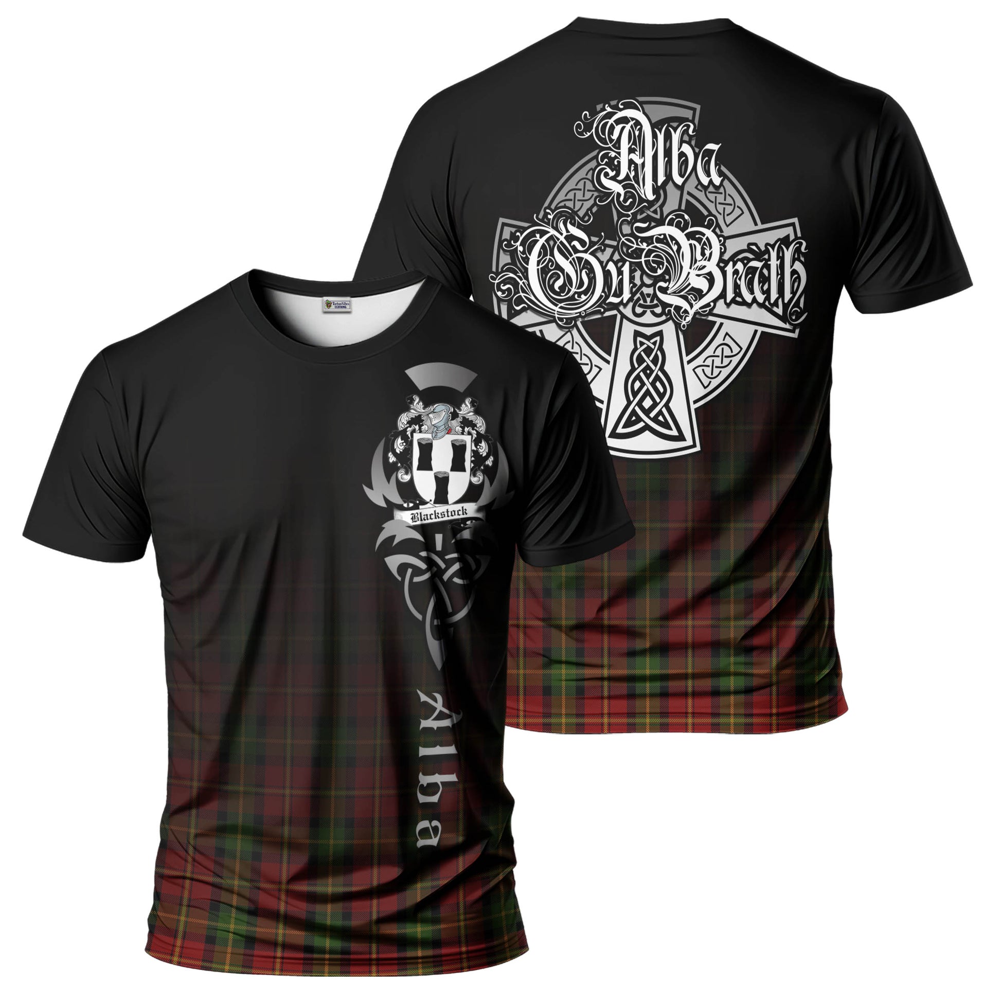 Tartan Vibes Clothing Blackstock Red Dress Tartan T-Shirt Featuring Alba Gu Brath Family Crest Celtic Inspired