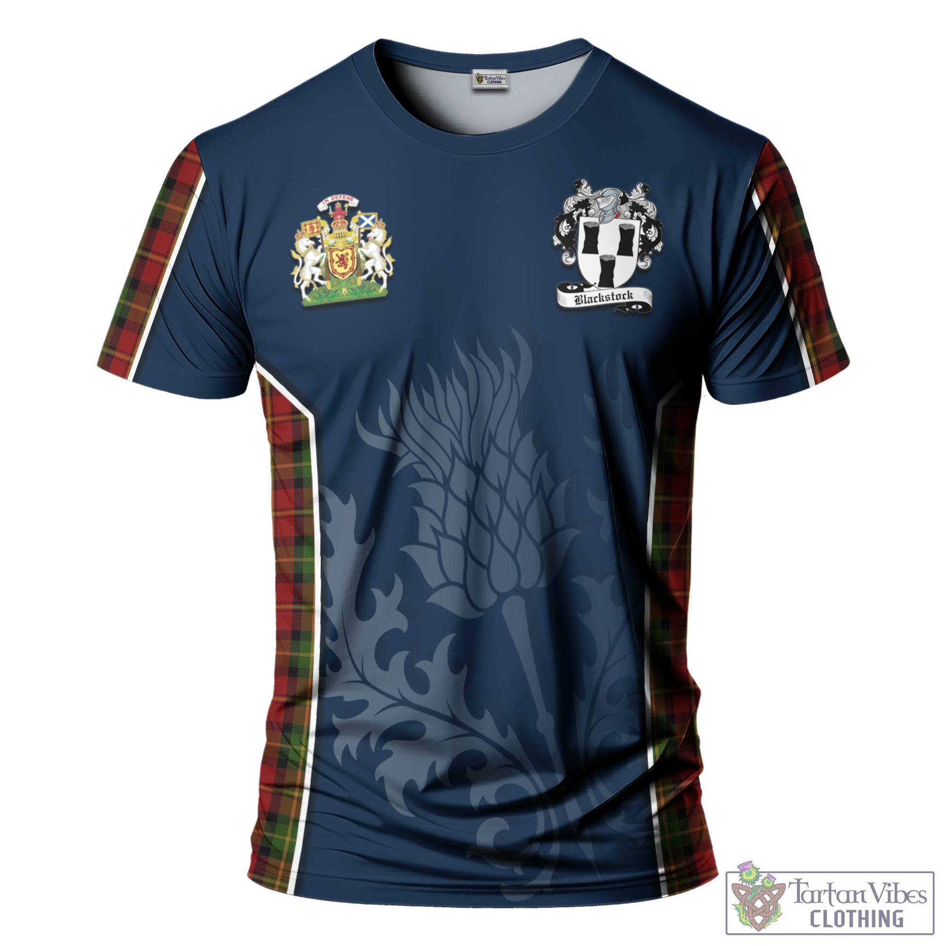 Tartan Vibes Clothing Blackstock Red Dress Tartan T-Shirt with Family Crest and Scottish Thistle Vibes Sport Style