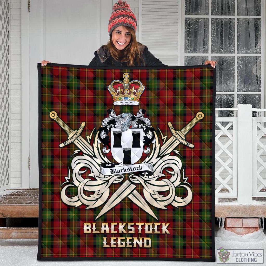 Tartan Vibes Clothing Blackstock Red Dress Tartan Quilt with Clan Crest and the Golden Sword of Courageous Legacy