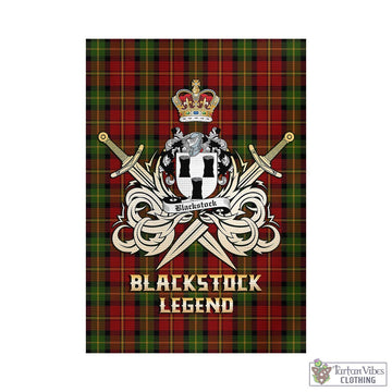 Blackstock Red Dress Tartan Garden Flag with Clan Crest and the Golden Sword of Courageous Legacy