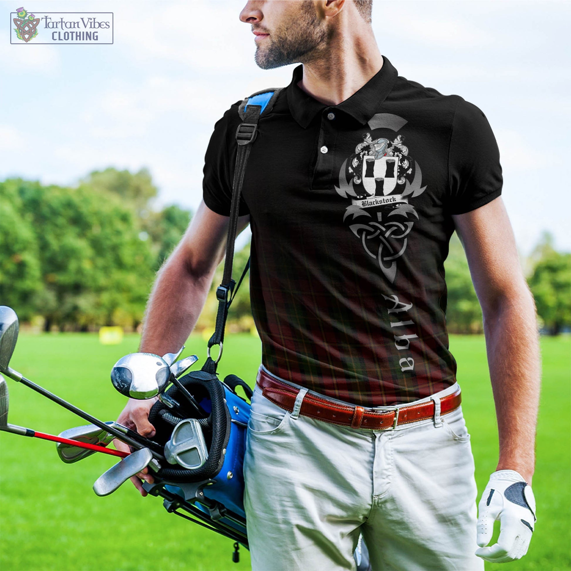 Tartan Vibes Clothing Blackstock Red Dress Tartan Polo Shirt Featuring Alba Gu Brath Family Crest Celtic Inspired