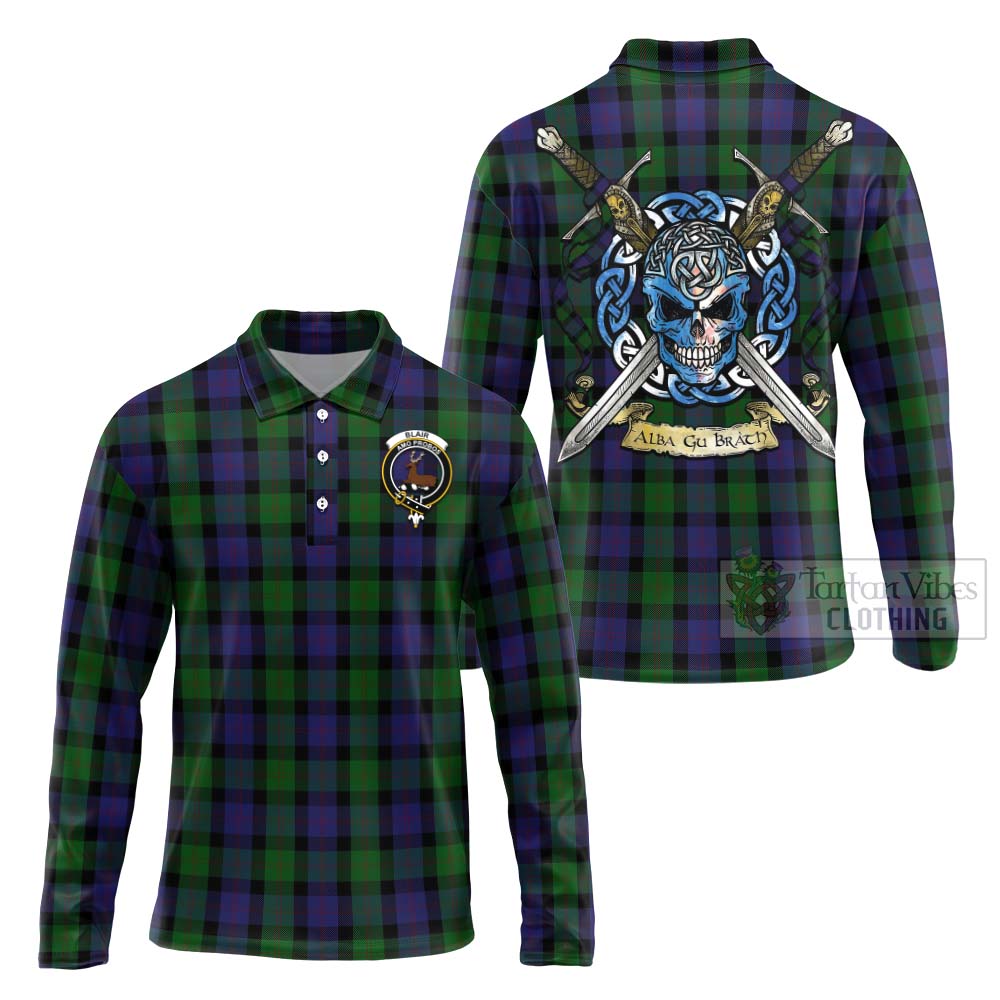 Tartan Vibes Clothing Blair Tartan Long Sleeve Polo Shirt with Family Crest Celtic Skull Style