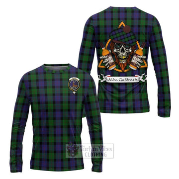 Tartan Vibes Clothing Blair Tartan Long Sleeve T-Shirt with Family Crest and Bearded Skull Holding Bottles of Whiskey