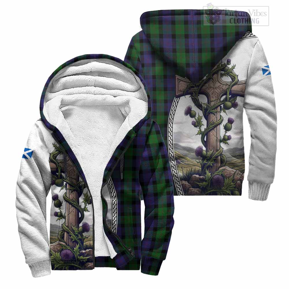 Tartan Vibes Clothing Blair Tartan Sherpa Hoodie with Family Crest and St. Andrew's Cross Accented by Thistle Vines