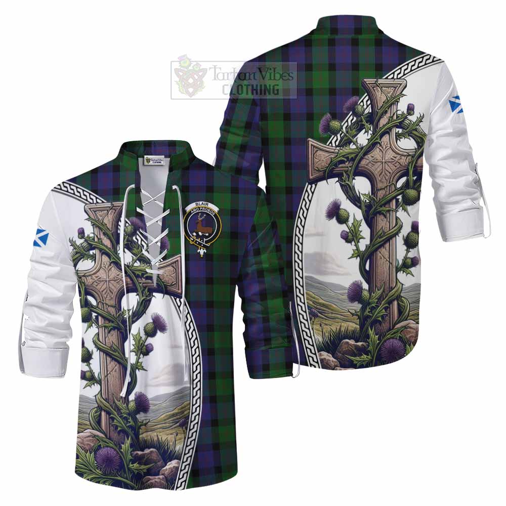 Tartan Vibes Clothing Blair Tartan Ghillie Kilt Shirt with Family Crest and St. Andrew's Cross Accented by Thistle Vines