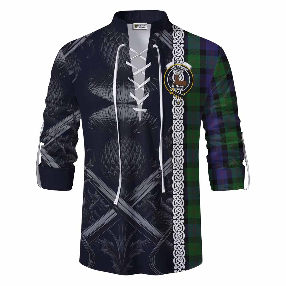 Tartan Vibes Clothing Blair Tartan Ghillie Kilt Shirt with Family Crest Cross Sword Thistle Celtic Vibes
