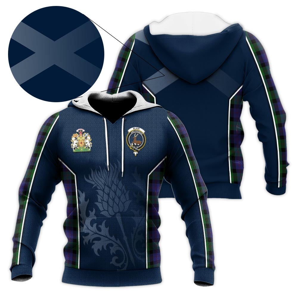 Tartan Vibes Clothing Blair Tartan Knitted Hoodie with Family Crest and Scottish Thistle Vibes Sport Style