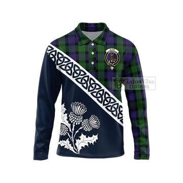 Tartan Vibes Clothing Blair Tartan Long Sleeve Polo Shirt Featuring Thistle and Scotland Map