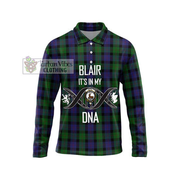 Blair Tartan Long Sleeve Polo Shirt with Family Crest DNA In Me Style Unisex - Tartanvibesclothing Shop