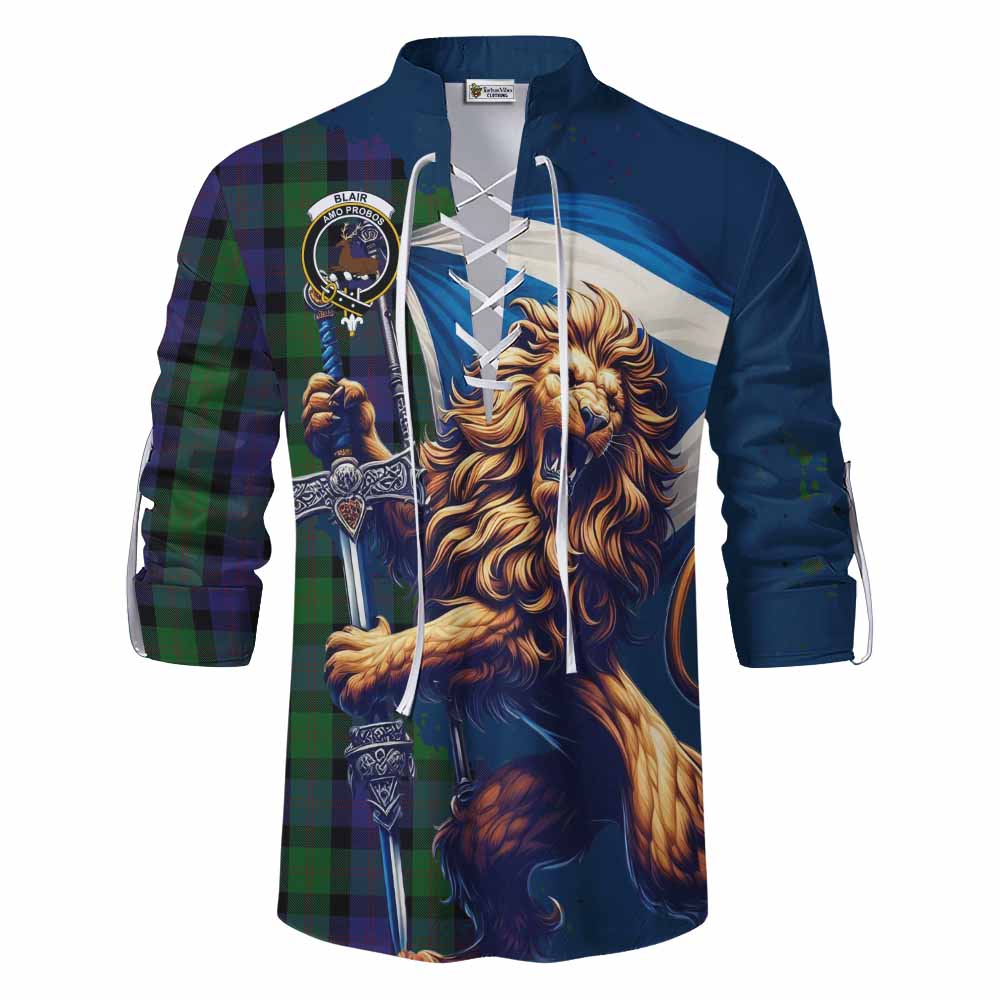 Tartan Vibes Clothing Blair Tartan Family Crest Ghillie Kilt Shirt with Scottish Majestic Lion