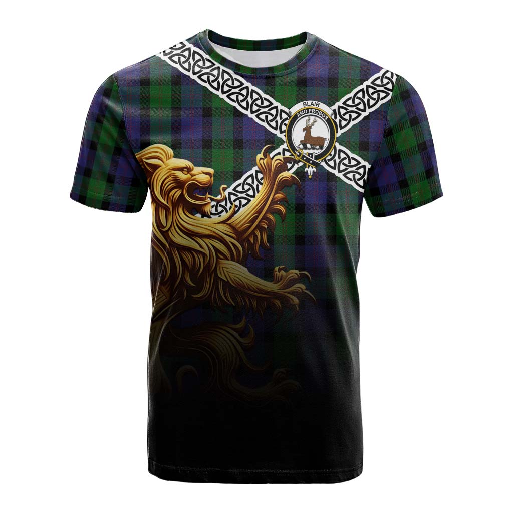 Tartan Vibes Clothing Blair Crest Tartan Cotton T-shirt with Golden Lion Emblem Celtic Style