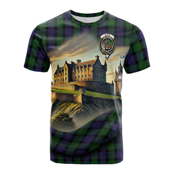 Blair Tartan Family Crest Cotton T-shirt with Scottish Ancient Castle Style