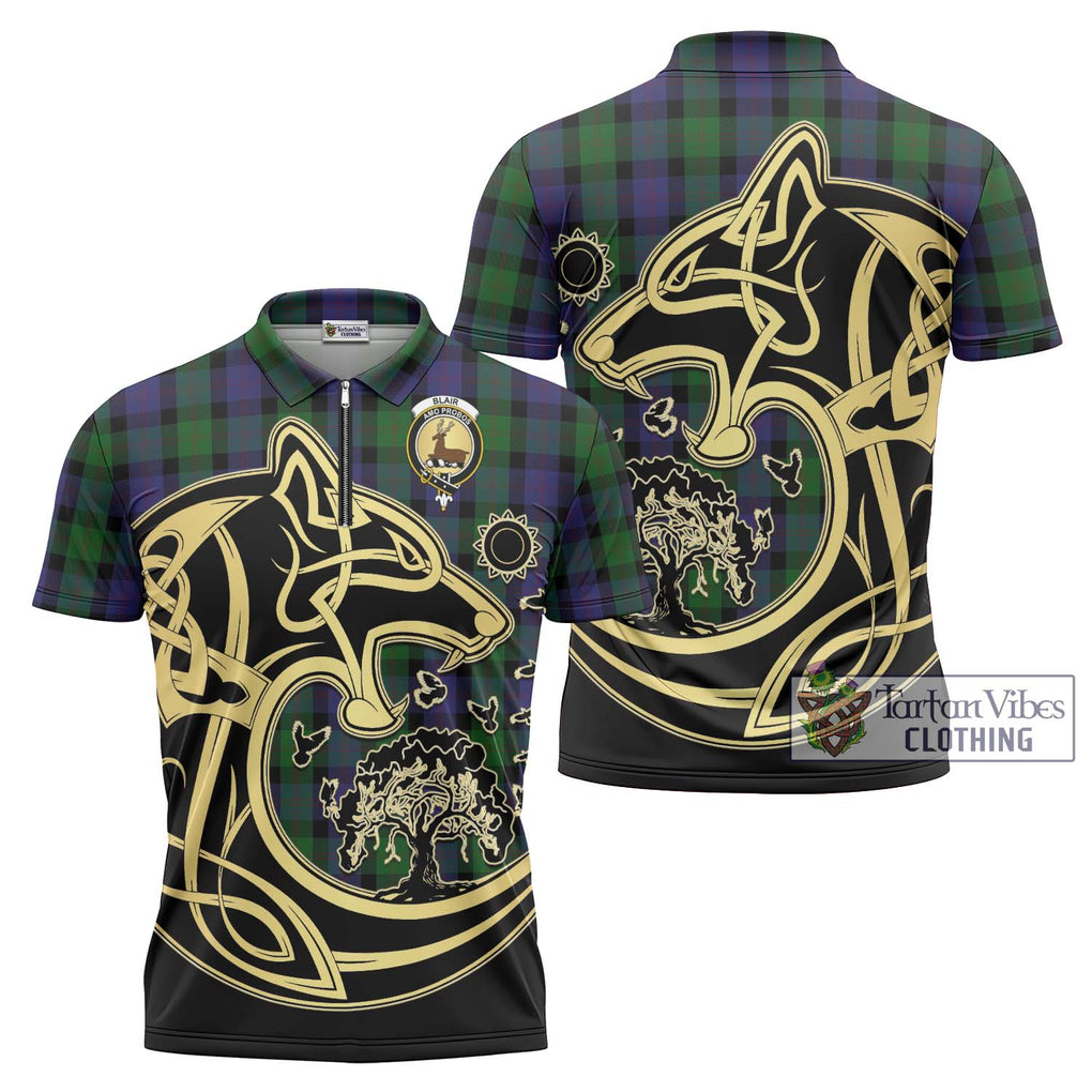 Blair Tartan Zipper Polo Shirt with Family Crest Celtic Wolf Style Unisex - Tartan Vibes Clothing