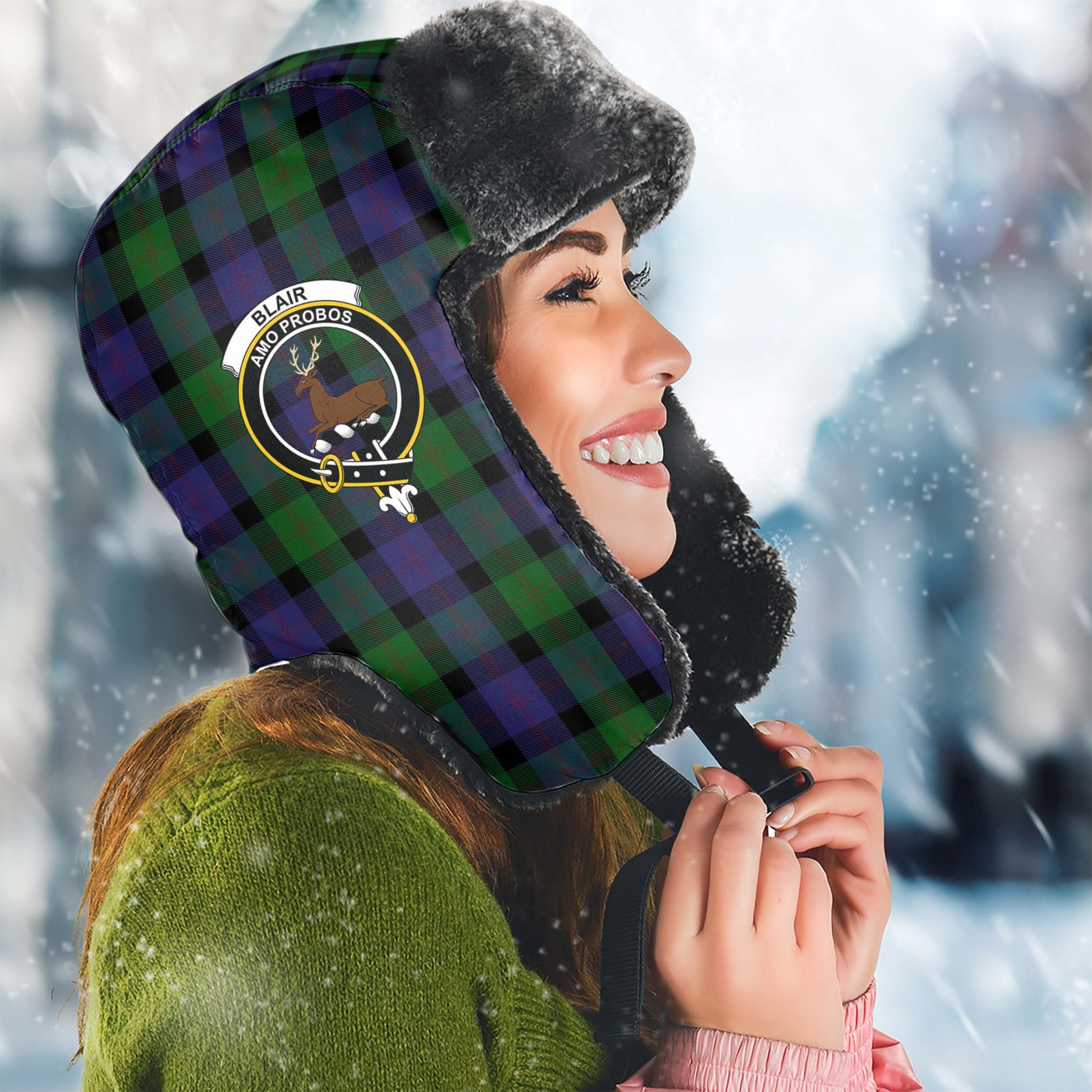 Blair Tartan Winter Trapper Hat with Family Crest Winter Trapper Hat Universal Fit Circumference 22.8in (58cm) - Tartanvibesclothing