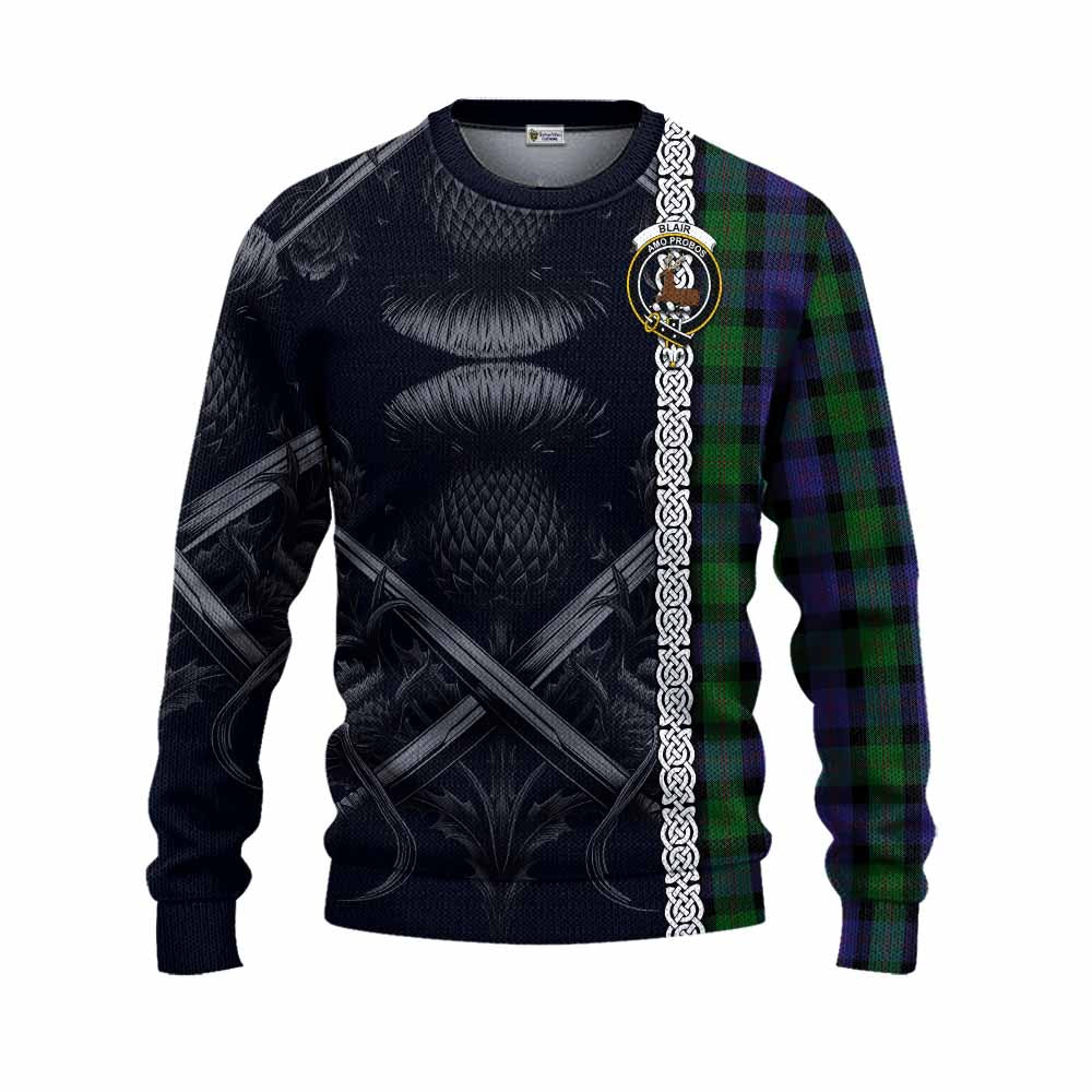 Tartan Vibes Clothing Blair Tartan Knitted Sweater with Family Crest Cross Sword Thistle Celtic Vibes