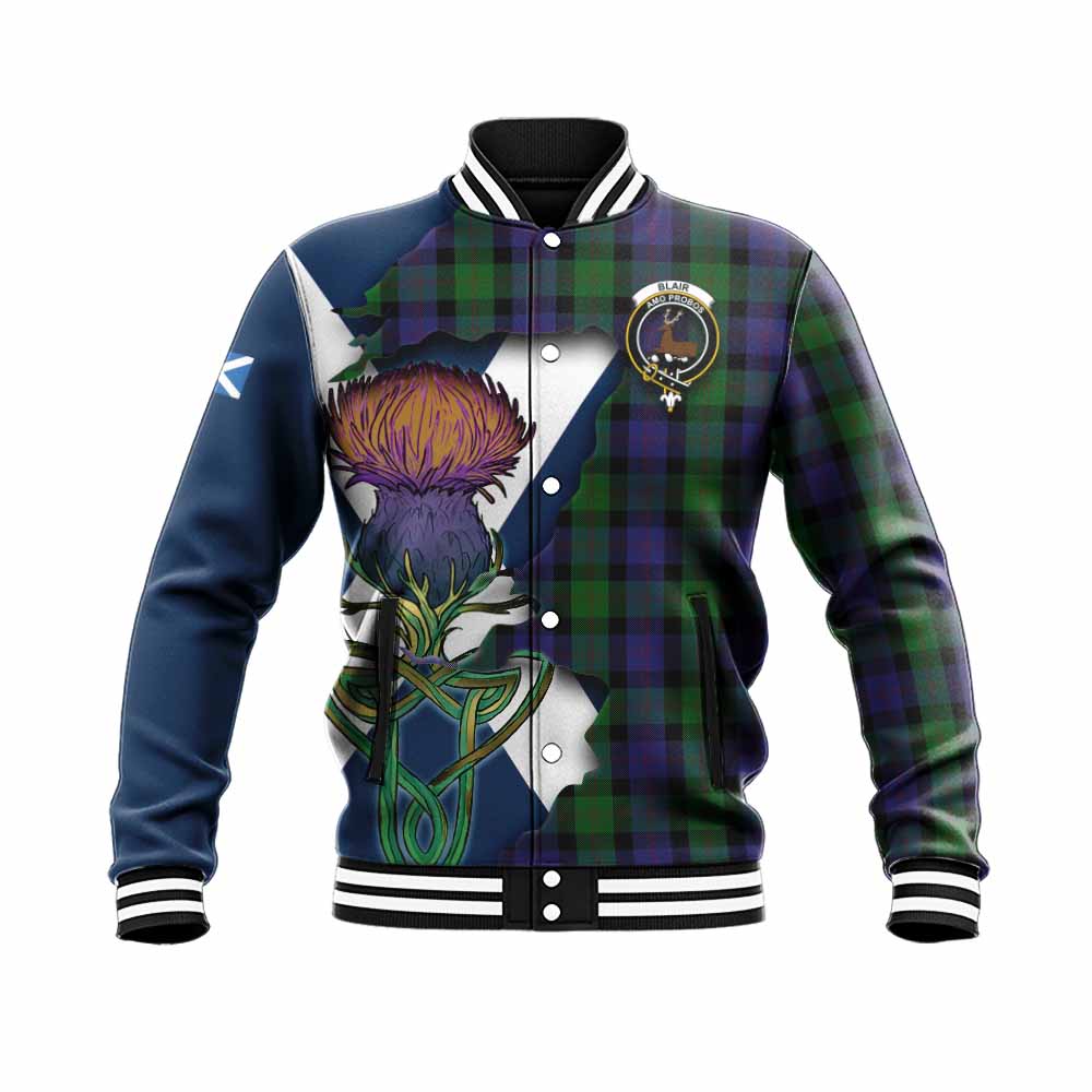 Tartan Vibes Clothing Blair Tartan Family Crest Baseball Jacket Scottish Thistle Celtic Inspired