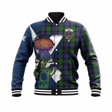 Tartan Vibes Clothing Blair Tartan Family Crest Baseball Jacket Scottish Thistle Celtic Inspired