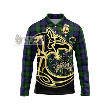 Blair Tartan Long Sleeve Polo Shirt with Family Crest Celtic Wolf Style Unisex - Tartanvibesclothing Shop