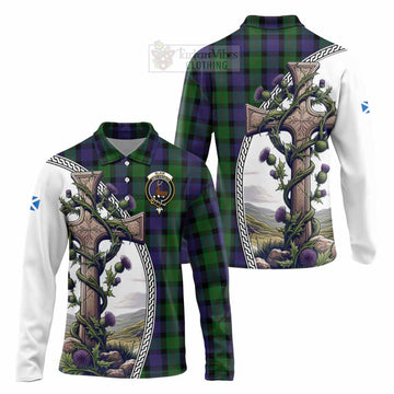 Tartan Vibes Clothing Blair Tartan Long Sleeve Polo Shirt with Family Crest and St. Andrew's Cross Accented by Thistle Vines