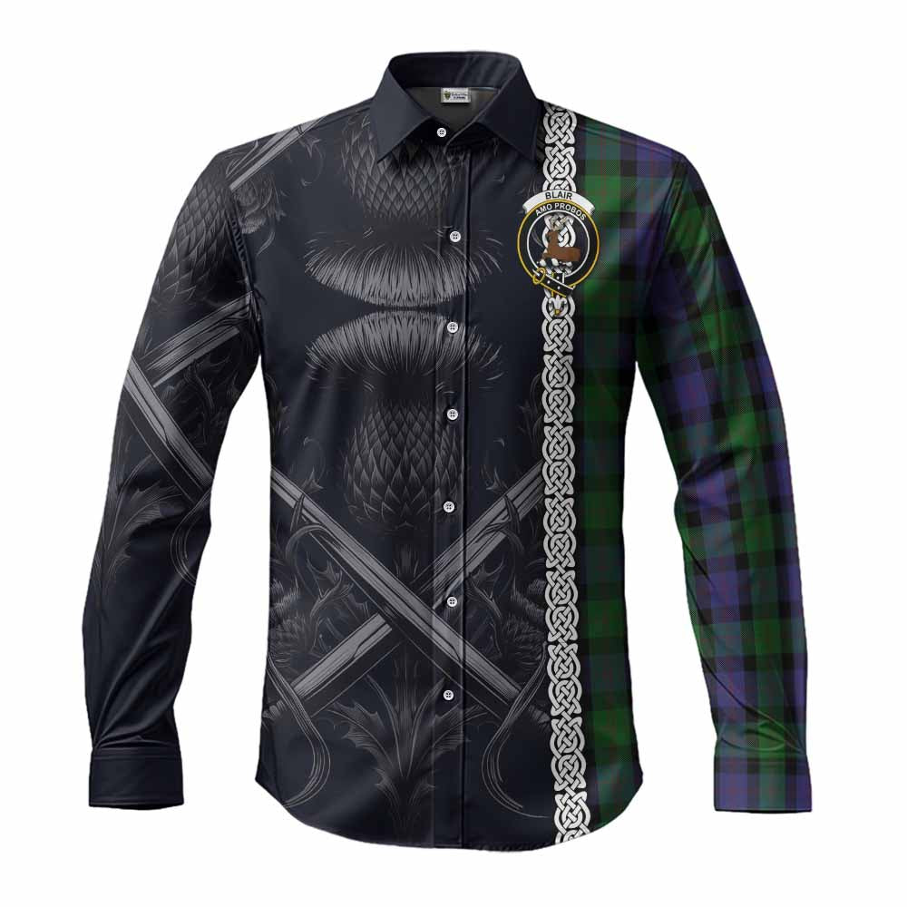 Tartan Vibes Clothing Blair Tartan Long Sleeve Button Shirt with Family Crest Cross Sword Thistle Celtic Vibes