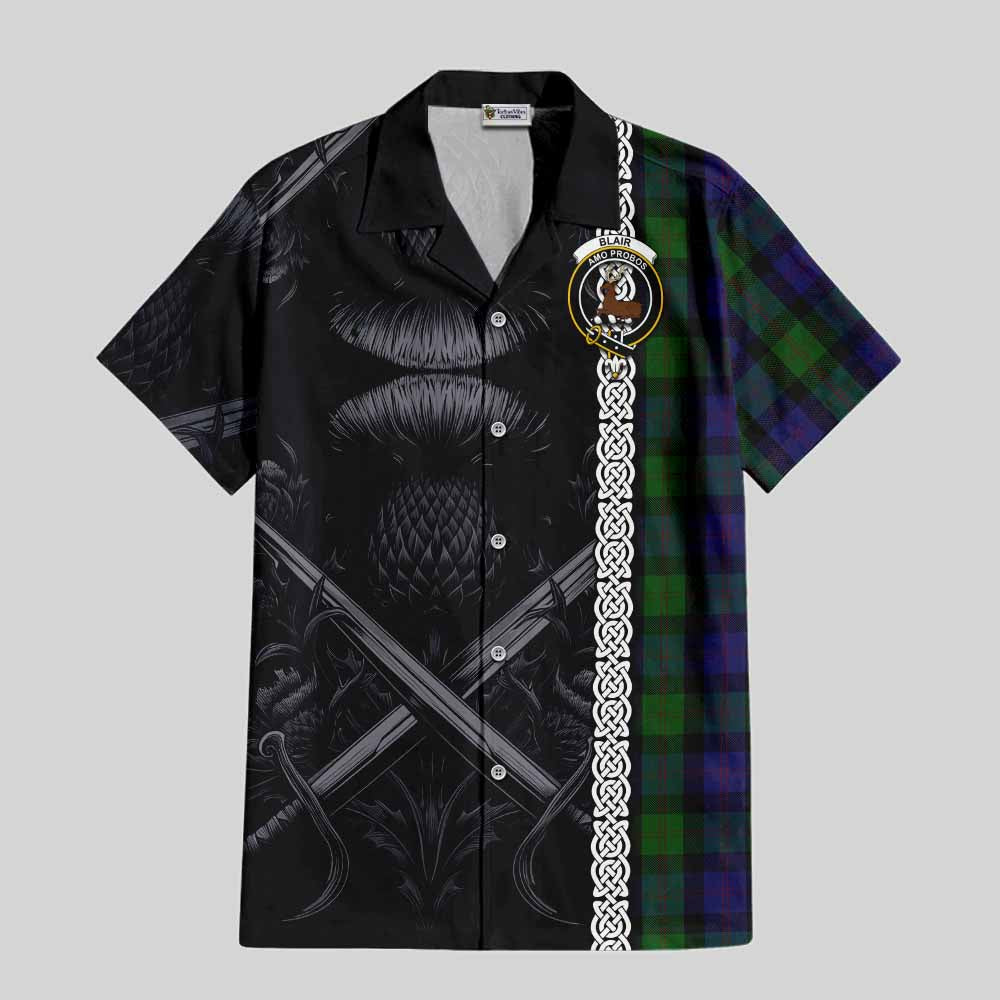 Tartan Vibes Clothing Blair Tartan Short Sleeve Button Shirt with Family Crest Cross Sword Thistle Celtic Vibes