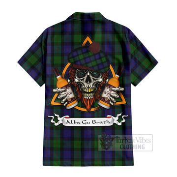 Tartan Vibes Clothing Blair Tartan Short Sleeve Button Shirt with Family Crest and Bearded Skull Holding Bottles of Whiskey