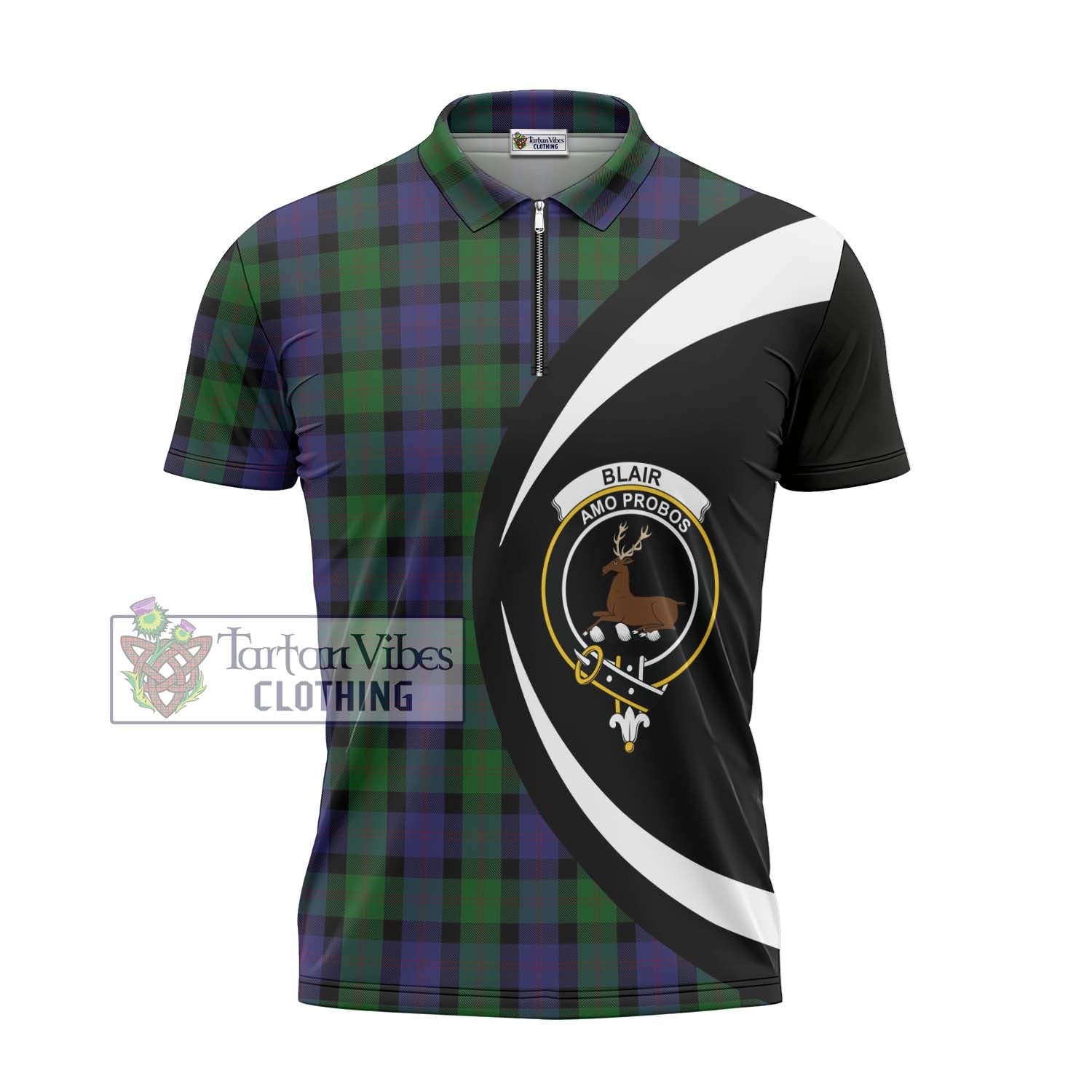 Blair Tartan Zipper Polo Shirt with Family Crest Circle Style - Tartan Vibes Clothing