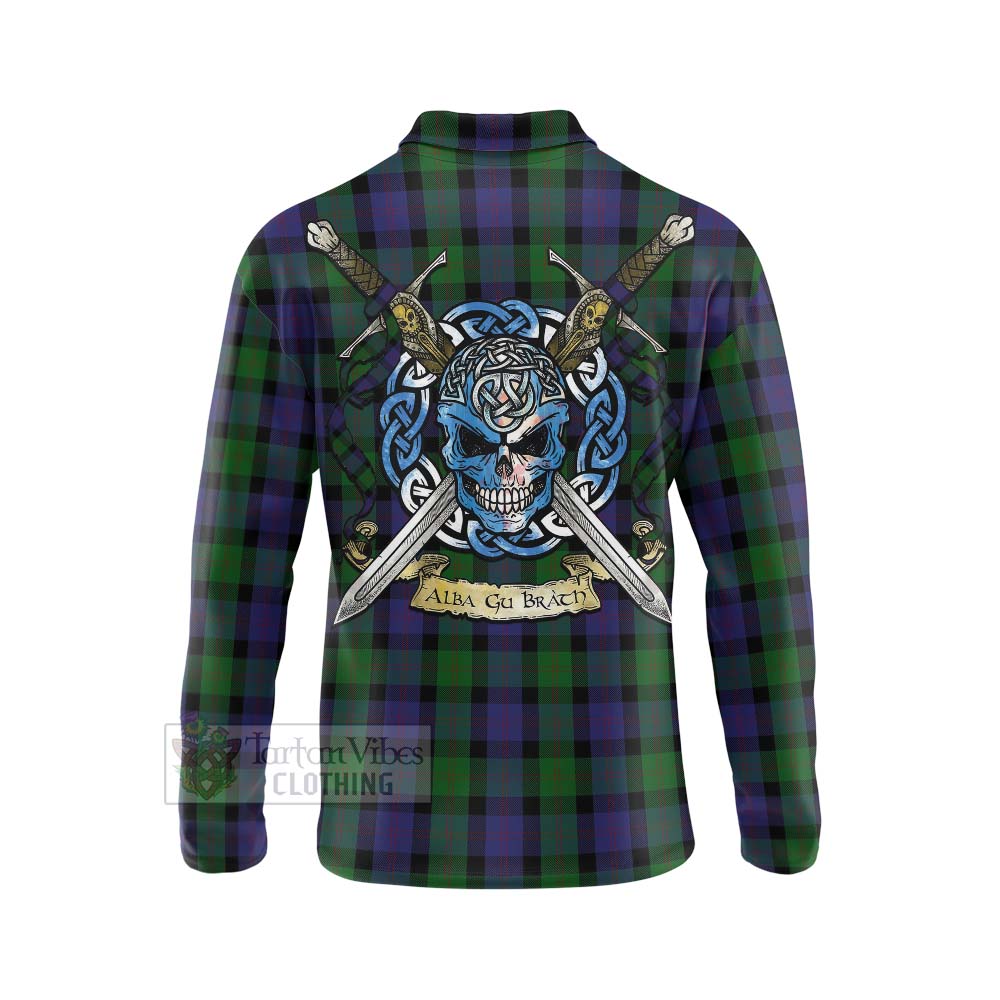 Tartan Vibes Clothing Blair Tartan Long Sleeve Polo Shirt with Family Crest Celtic Skull Style