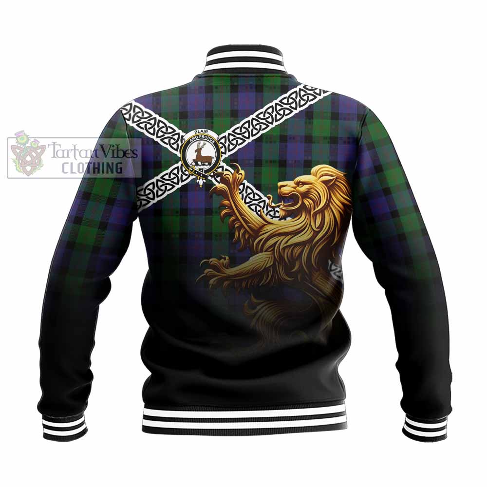 Tartan Vibes Clothing Blair Crest Tartan Baseball Jacket with Golden Lion Emblem Celtic Style