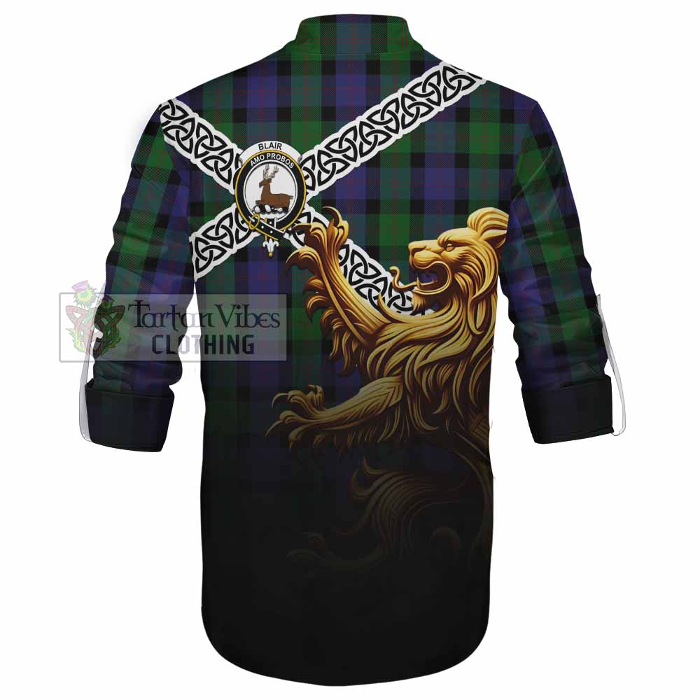 Tartan Vibes Clothing Blair Crest Tartan Ghillie Kilt Shirt with Golden Lion Emblem Celtic Style