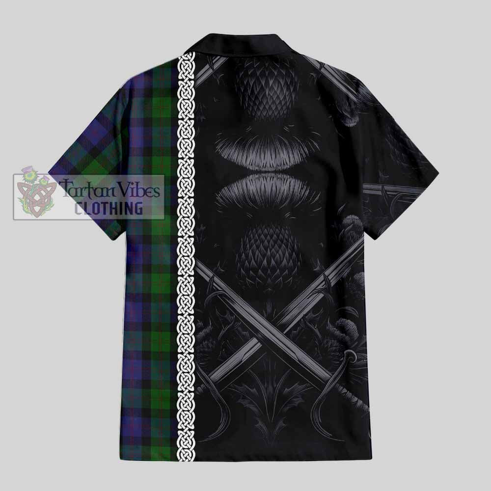 Tartan Vibes Clothing Blair Tartan Short Sleeve Button Shirt with Family Crest Cross Sword Thistle Celtic Vibes