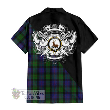Blair Tartan Short Sleeve Button Shirt with Family Crest and Military Logo Style - Tartanvibesclothing Shop