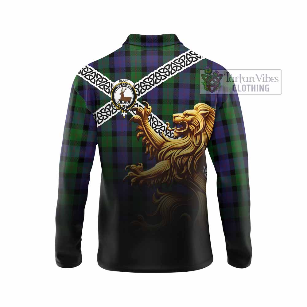 Tartan Vibes Clothing Blair Crest Tartan Long Sleeve Polo Shirt with Golden Lion Emblem Celtic Style