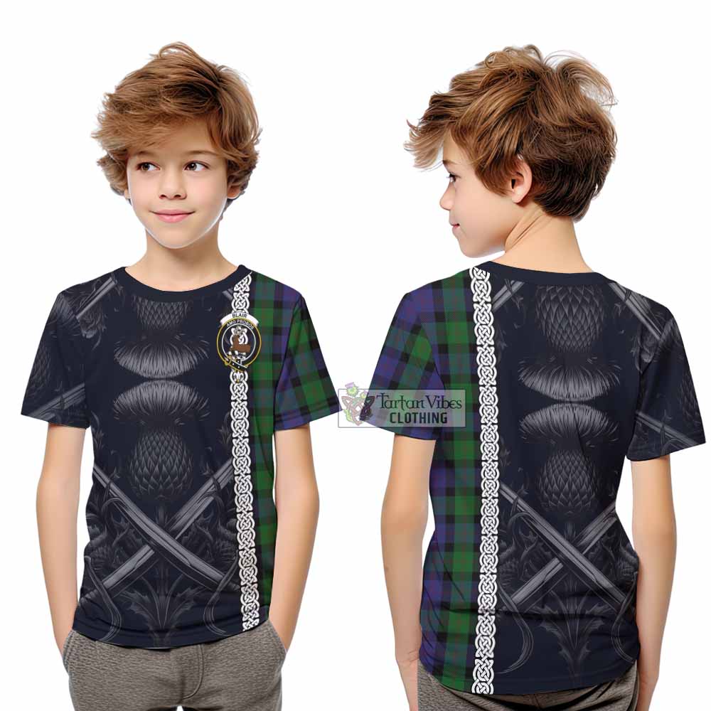 Tartan Vibes Clothing Blair Tartan Kid T-Shirt with Family Crest Cross Sword Thistle Celtic Vibes