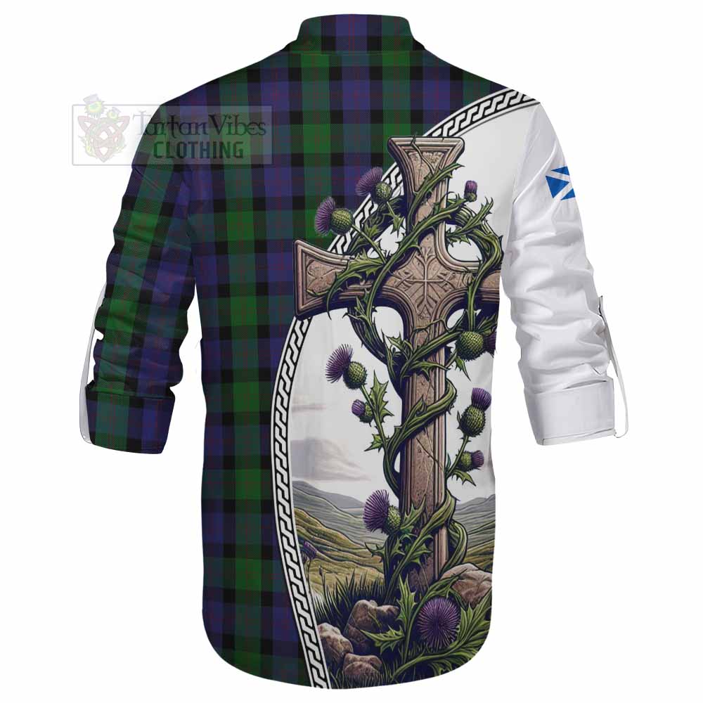 Tartan Vibes Clothing Blair Tartan Ghillie Kilt Shirt with Family Crest and St. Andrew's Cross Accented by Thistle Vines