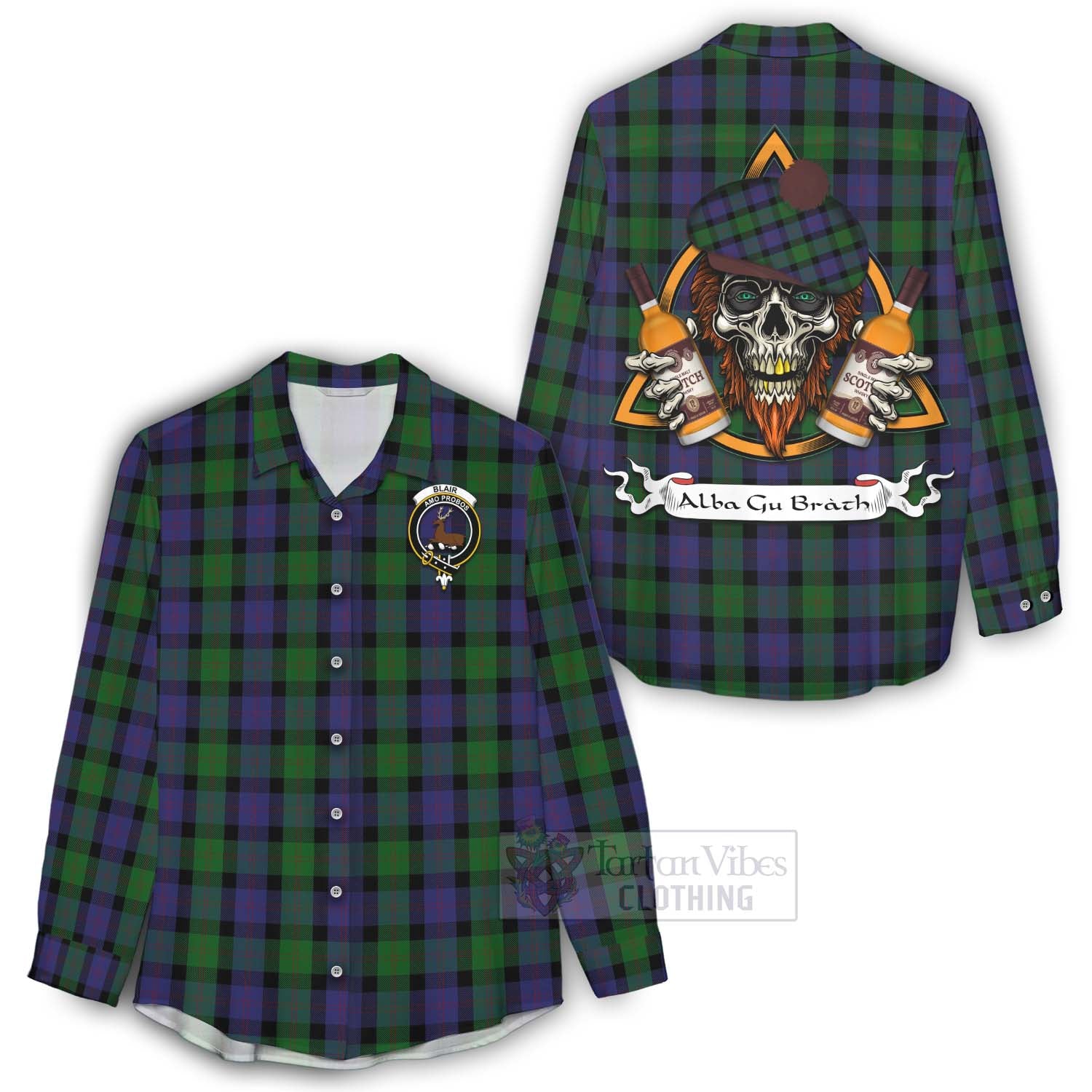 Tartan Vibes Clothing Blair Tartan Women's Casual Shirt with Family Crest and Bearded Skull Holding Bottles of Whiskey