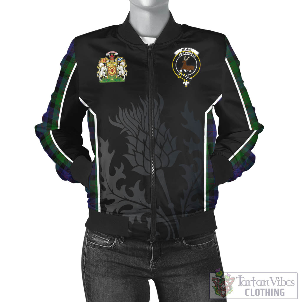 Tartan Vibes Clothing Blair Tartan Bomber Jacket with Family Crest and Scottish Thistle Vibes Sport Style