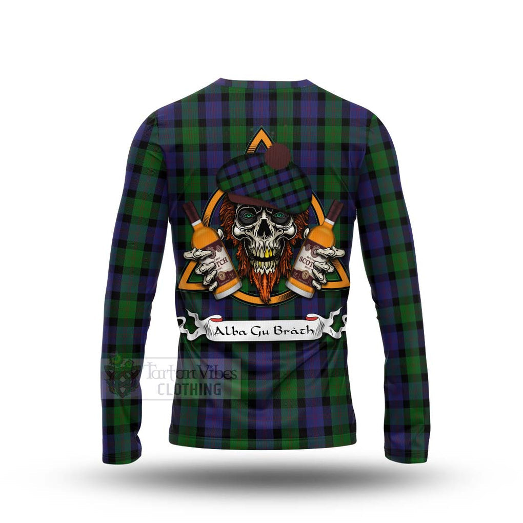 Tartan Vibes Clothing Blair Tartan Long Sleeve T-Shirt with Family Crest and Bearded Skull Holding Bottles of Whiskey