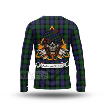 Tartan Vibes Clothing Blair Tartan Long Sleeve T-Shirt with Family Crest and Bearded Skull Holding Bottles of Whiskey